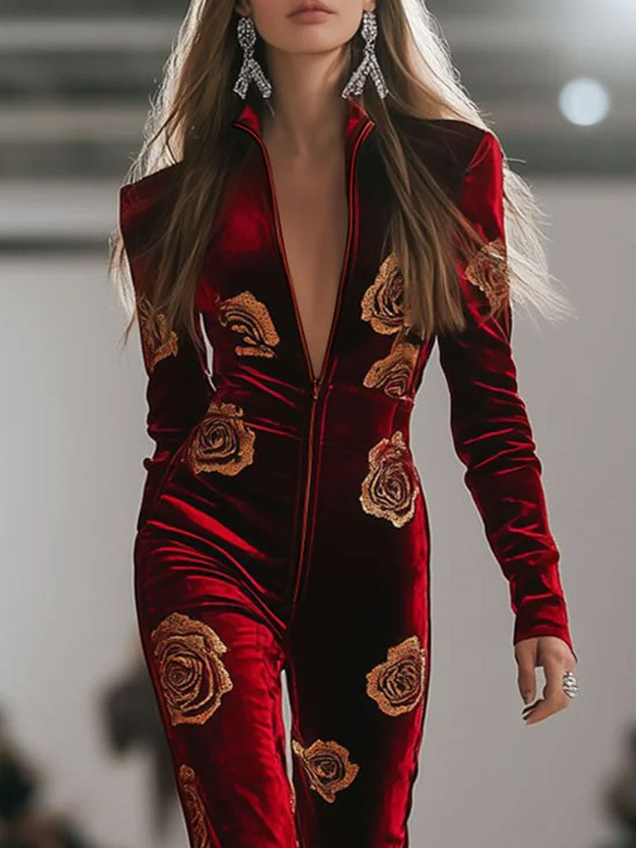 Alma | Women's Floral Velour Jumpsuit