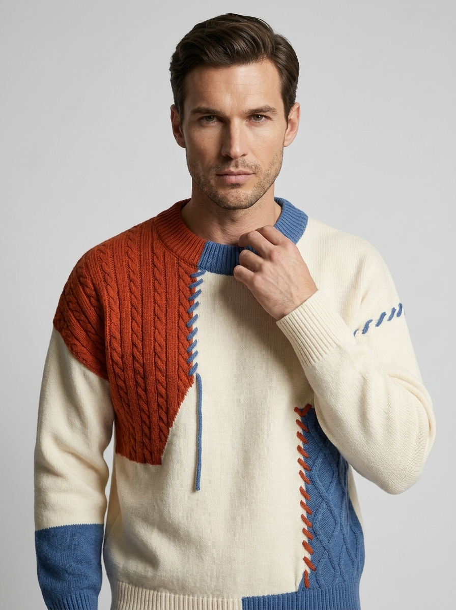 Milo | Patchwork Men's Sweater with Cable-Knit Pattern