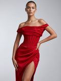 Rosalia | Rød Off-Shoulder Corset Midi Kjole Med Slids
