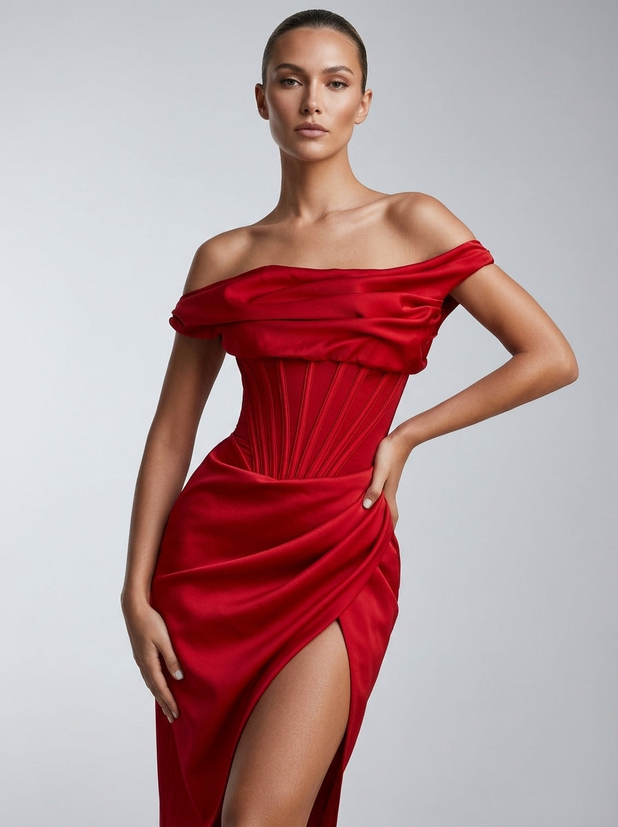 Rosalia | Rød Off-Shoulder Corset Midi Kjole Med Slids