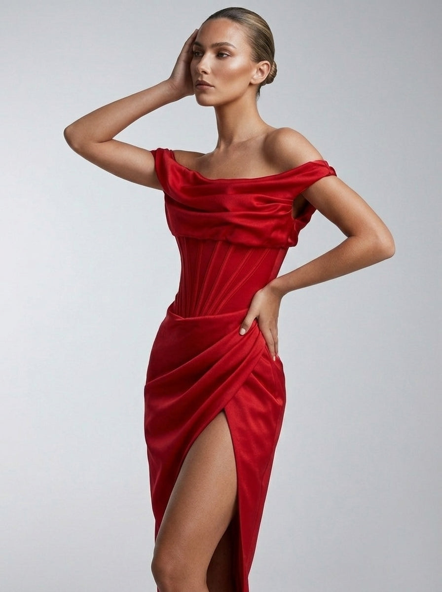 Rosalia | Rød Off-Shoulder Corset Midi Kjole Med Slids