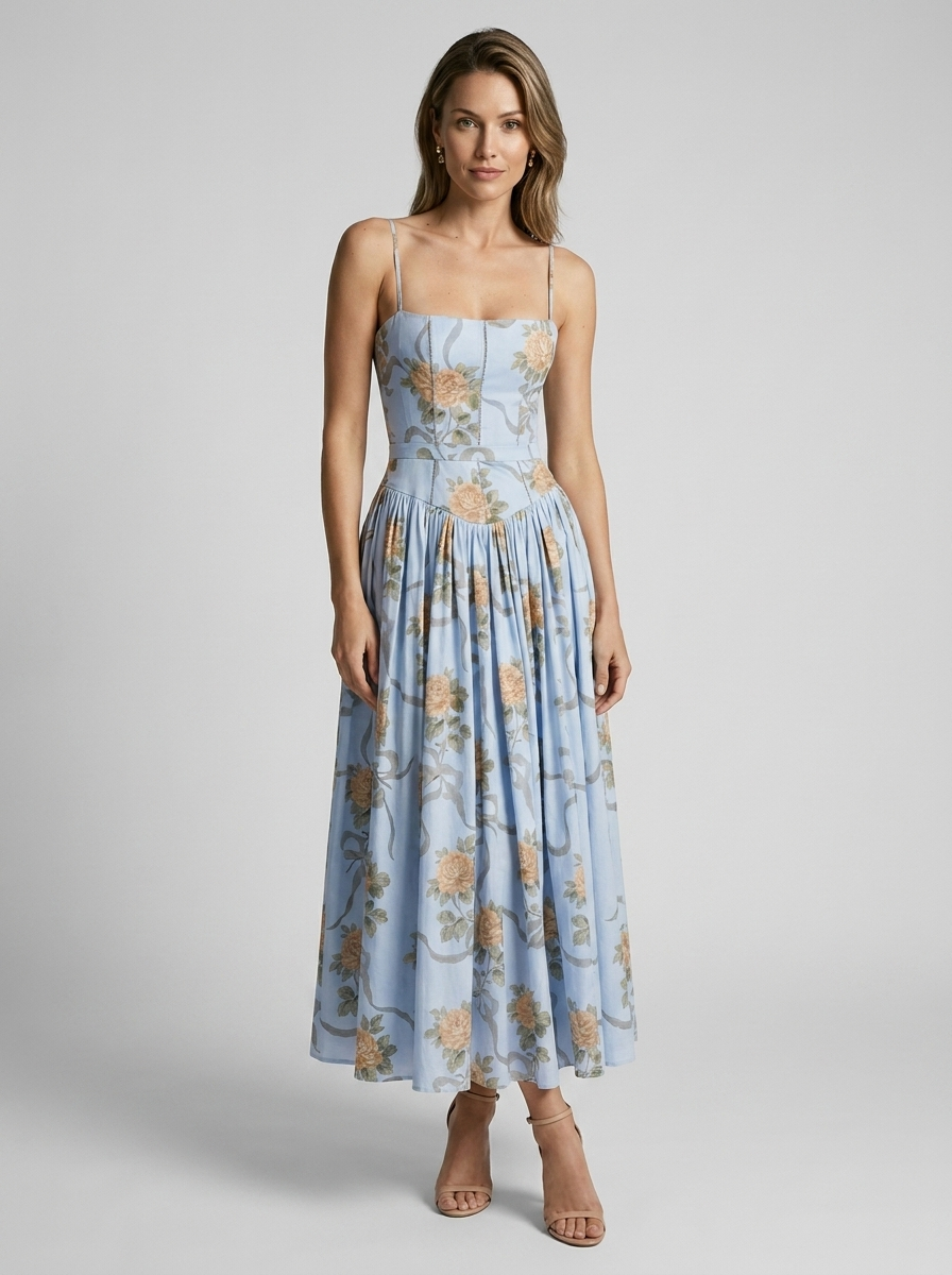 Celeste | Floral Midi Dress with Corset-Inspired Fit