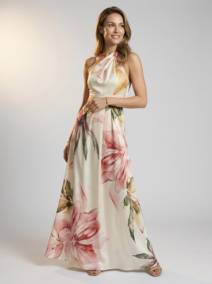 Selestia | Abito Maxi Asimmetrico con Stampa Floreale