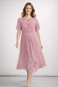 Seraphina | Midi Kjole med Blondeoverdel og Chiffon Nederdel