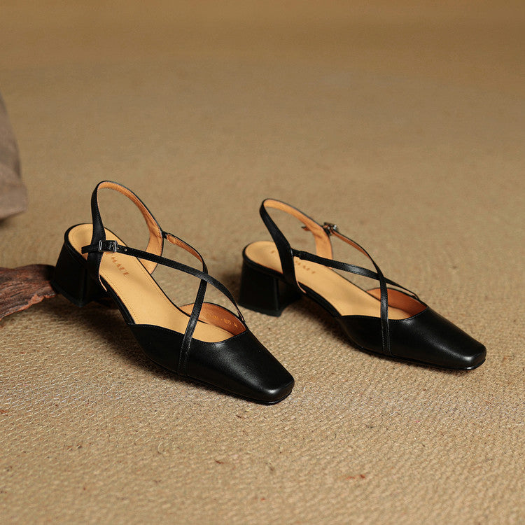 Lucena | Elegante Læder Heels Med Krydsrem Og Blokhæl