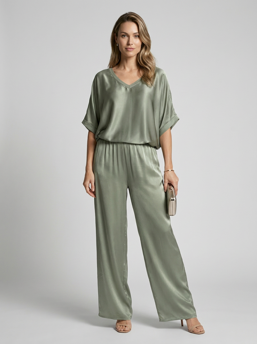 Selene | Satin Lounge Sæt med Wide-Leg Bukser