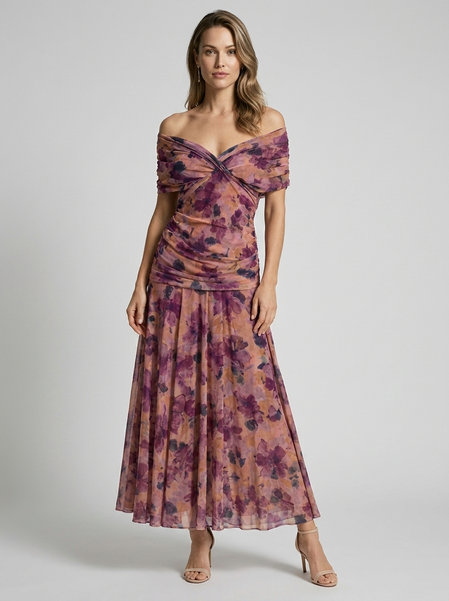 Aurelia | Off-Shoulder Midi Kjole Med Elegant Drapering