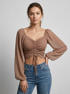 Sorella | Rynket Crop Top Med Snøre Og Transparente Ærmer