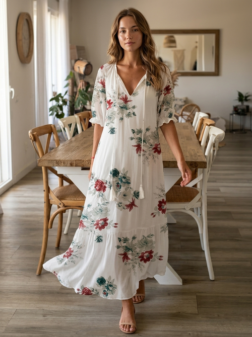 Elvara | Maxi Kjole Med Blomsterprint Og Løs Pasform