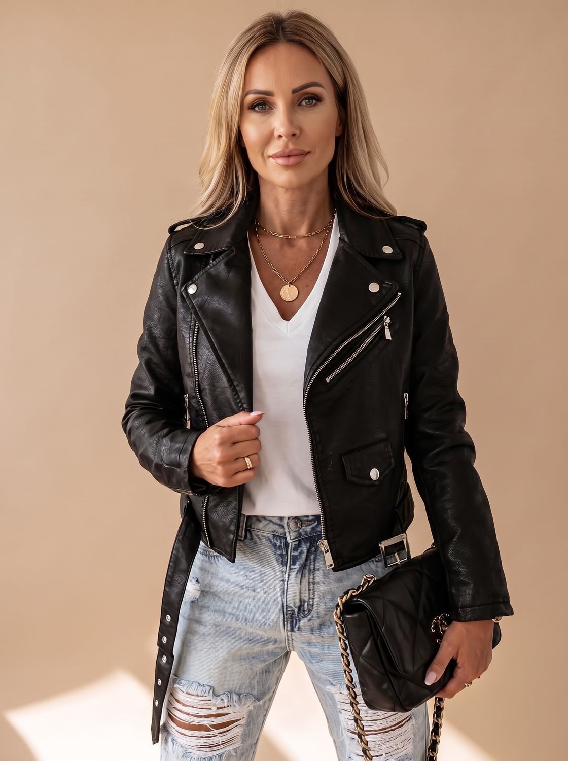 Nora | Dame Bikerjakke Med Læderlook