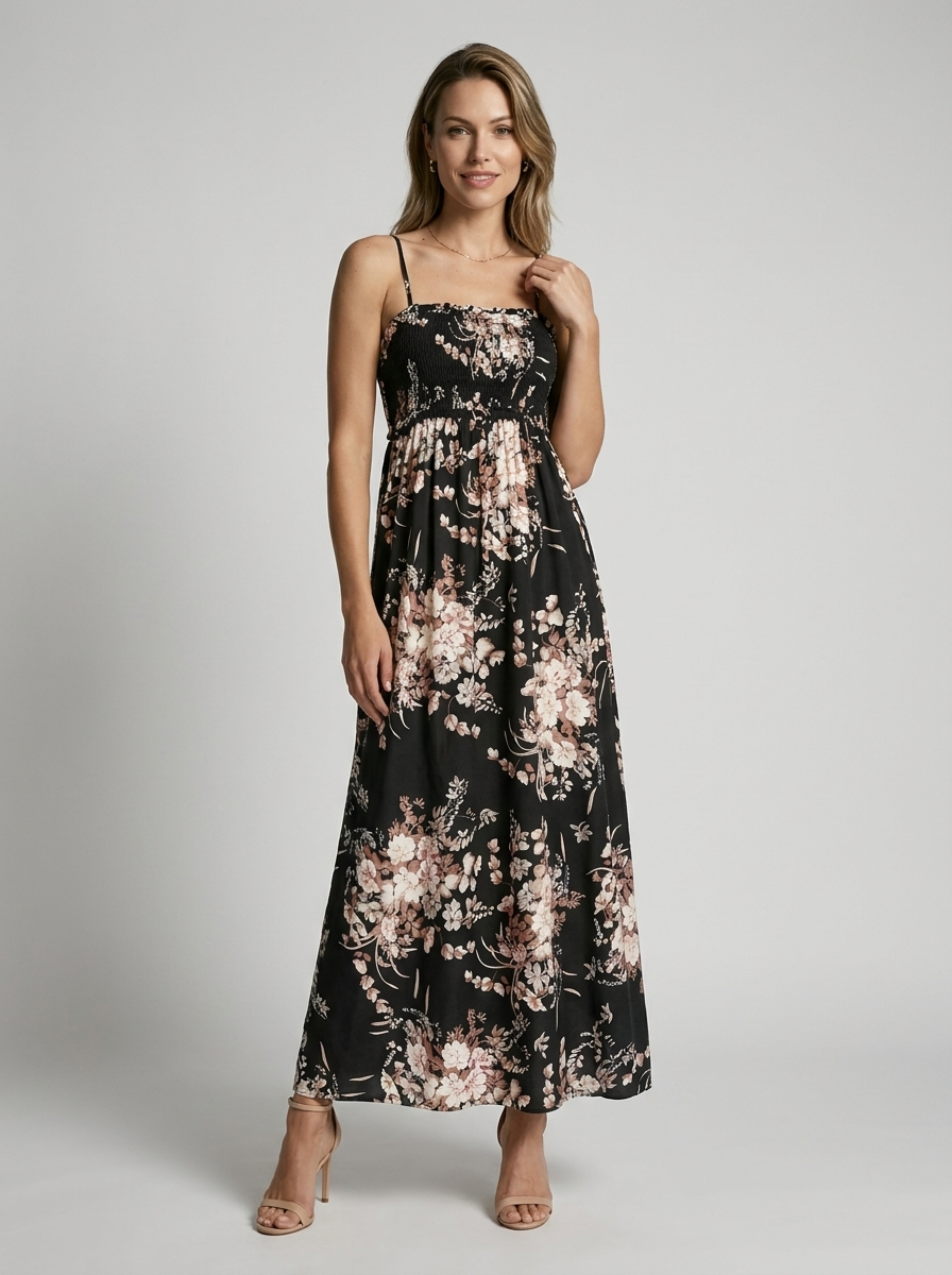 Marbella | Blomstret Maxi Kjole Med Slids Og Smock Overdel
