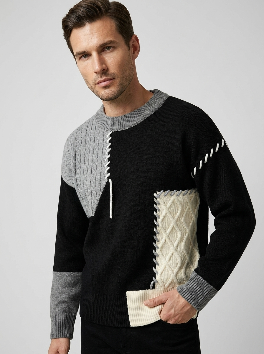 Milo | Patchwork Men's Sweater with Cable-Knit Pattern