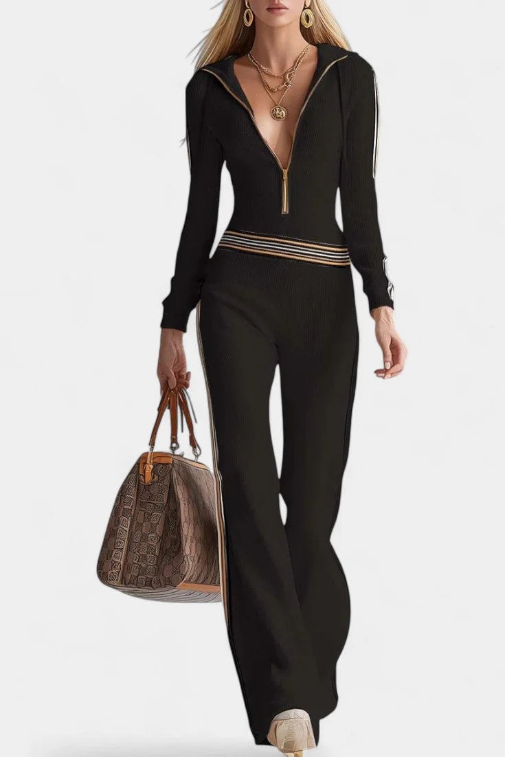 Sienna | Dame Retro sporty mørkeblå strikjumpsuit med hætte, lynlås og V-udskæring