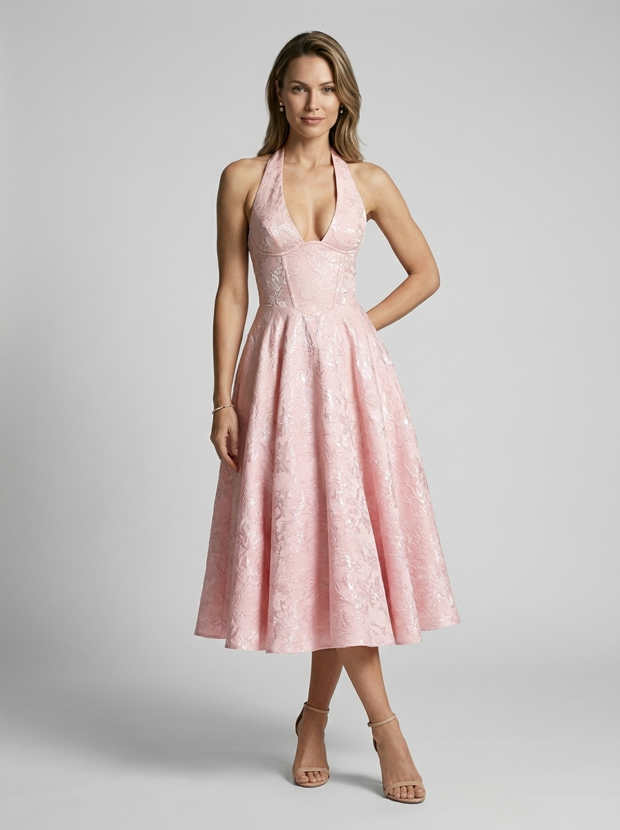 Brooklyn | Elegant Jacquard Midikjole Med Halterneck