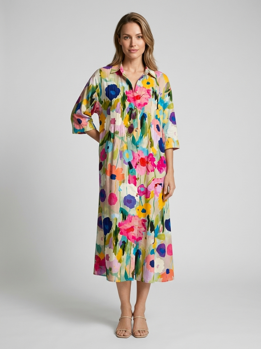 Alina | Blomstret Midi Kjole med Knaplukning