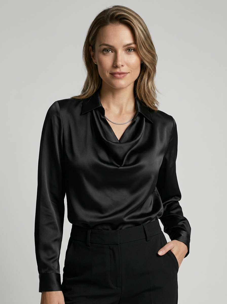 Seraphine | Satin Bluse med Vandfaldshals og Lange Ærmer