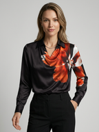 Seraphine | Satin Bluse med Vandfaldshals og Lange Ærmer
