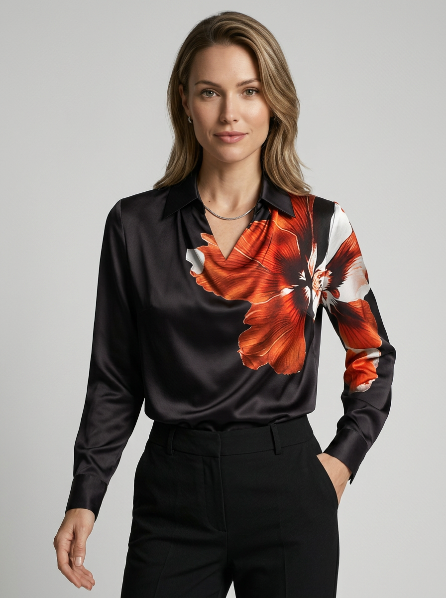 Seraphine | Satin Bluse med Vandfaldshals og Lange Ærmer
