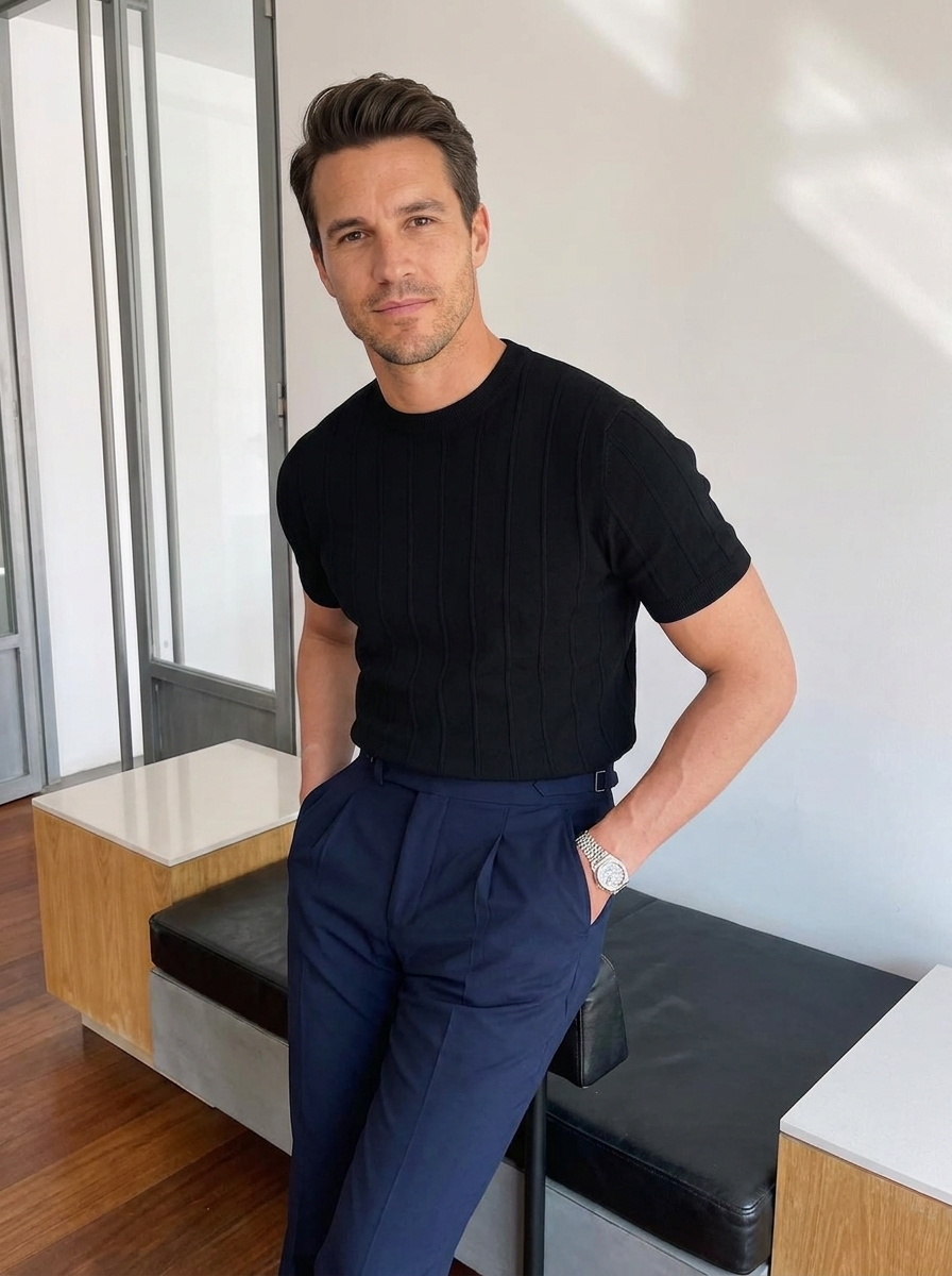 Carlos™ | Camiseta de Punto para Hombre con Textura de Canalé y Mangas Cortas | Estilo Casual Elegante Old Money de Lujo