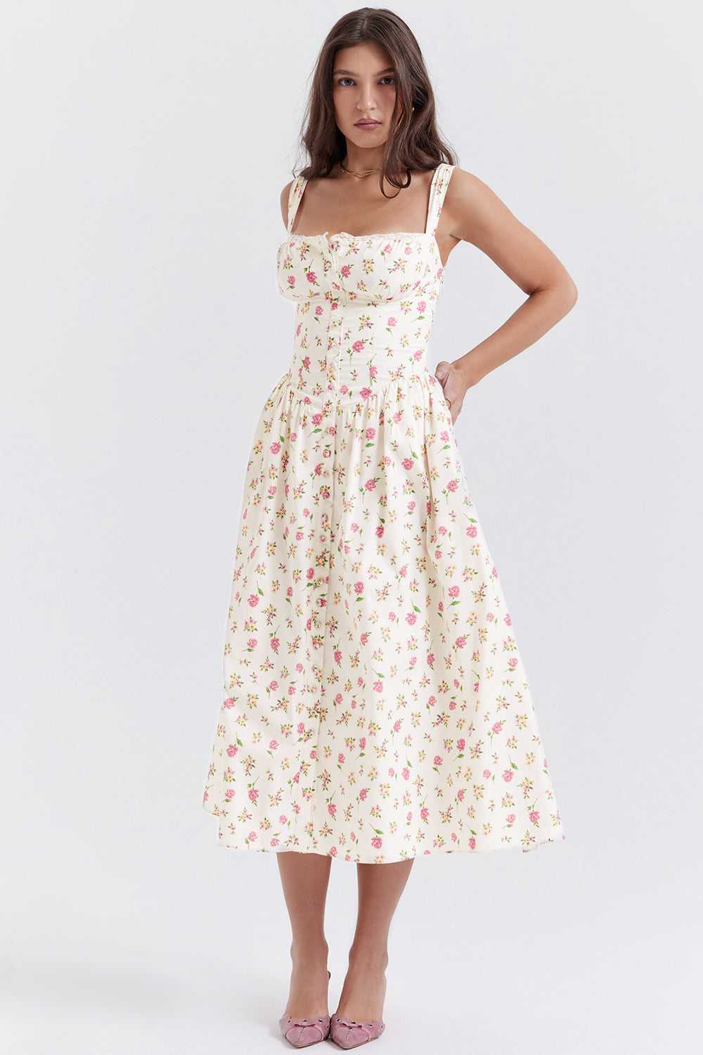 Flora™ | Vintage Midi-Kjole til Kvinder med Blomstermønster | Korsetliv & Svajende Nederdel for et Romantisk Look