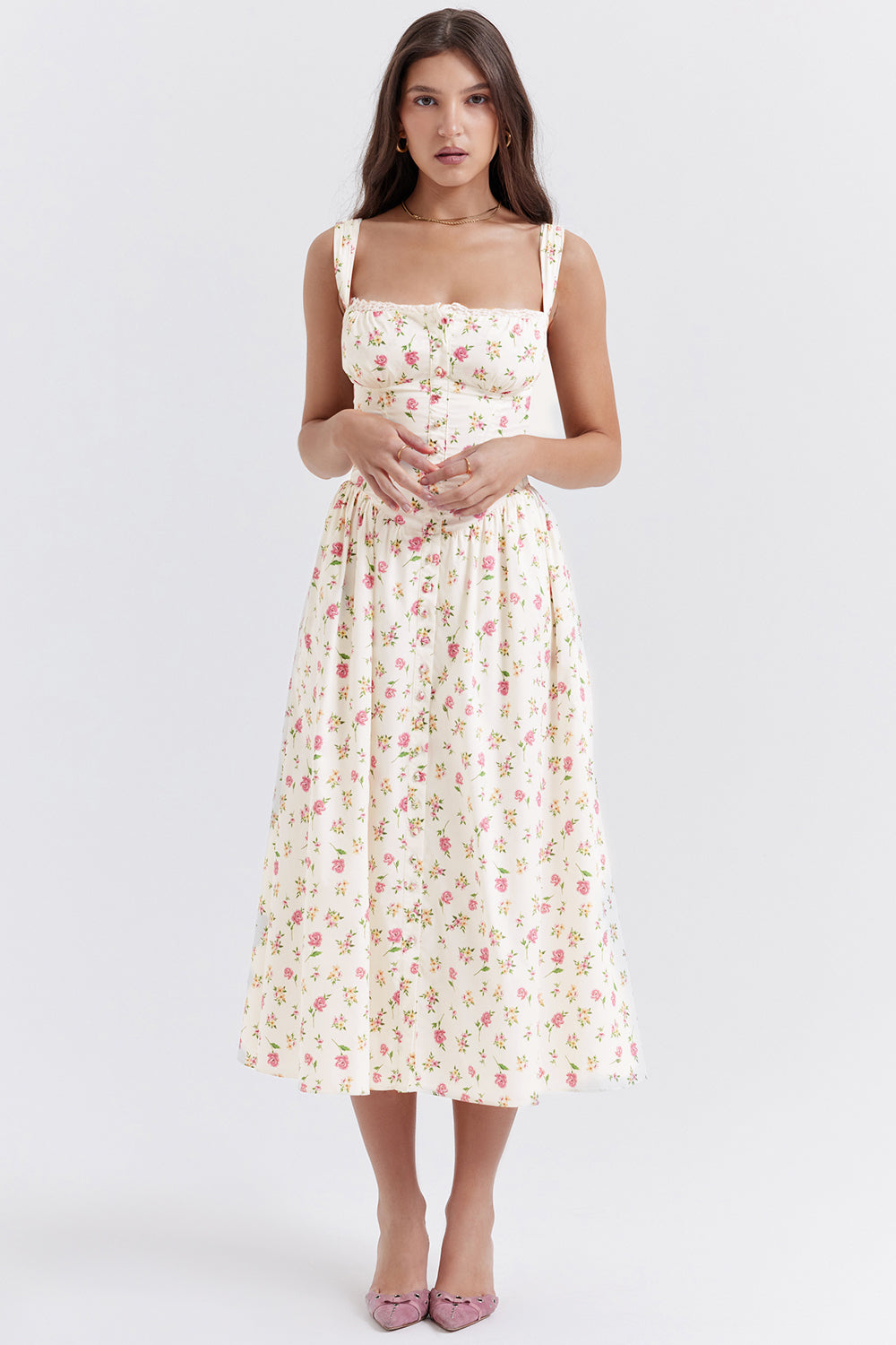 Flora™ | Vestido midi vintage para mujer con estampado floral | Corsé y falda fluida para un look romántico