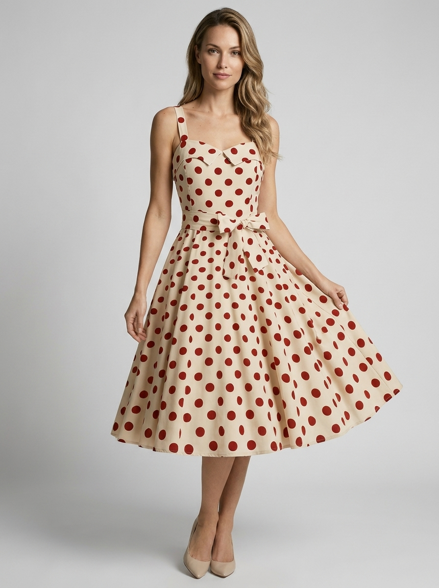 Rosalie | Vintage Prikket Midi Kjole Med Feminint Snit