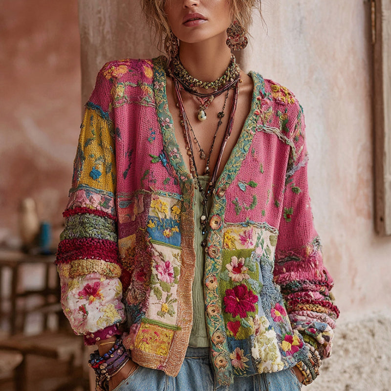 Lyserød damecardigan med blomstret patchwork, V-hals og lange ærmer