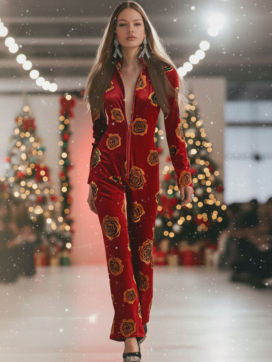 Alma | Women's Floral Velour Jumpsuit