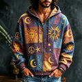 Herrehoodie med lynlås, flerfarvet patchwork og sol-, måne- og stjernemotiver