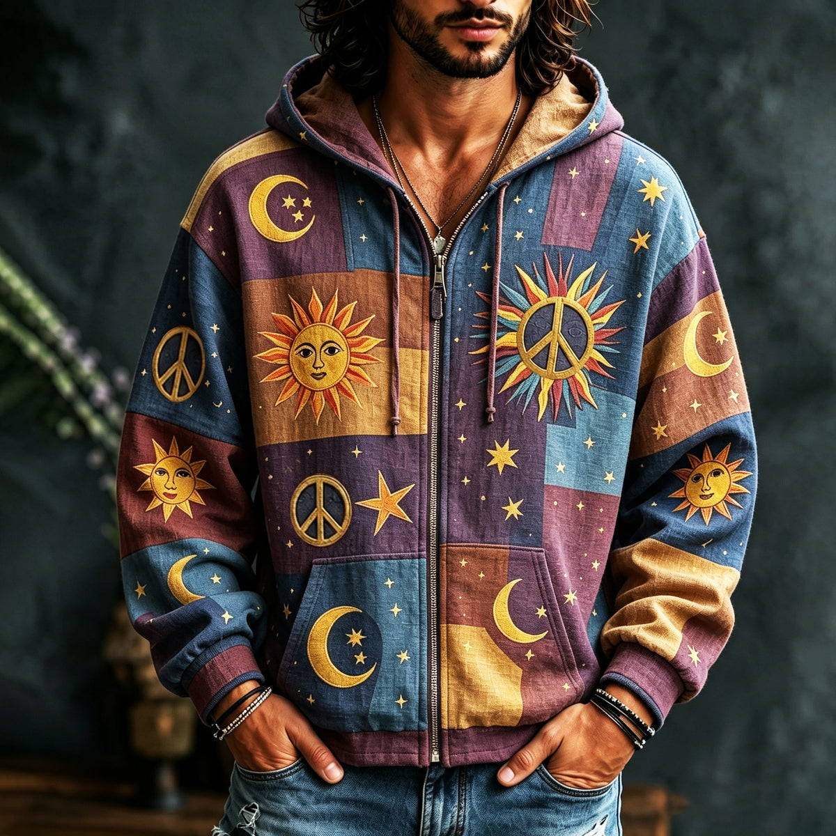 Herrehoodie med lynlås, flerfarvet patchwork og sol-, måne- og stjernemotiver