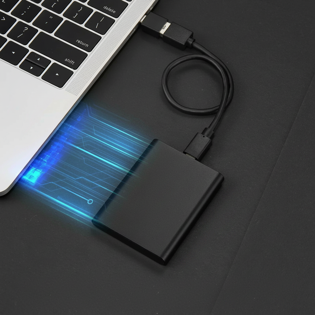 Bærbar ekstern SSD med USB-kabel til digital lagring