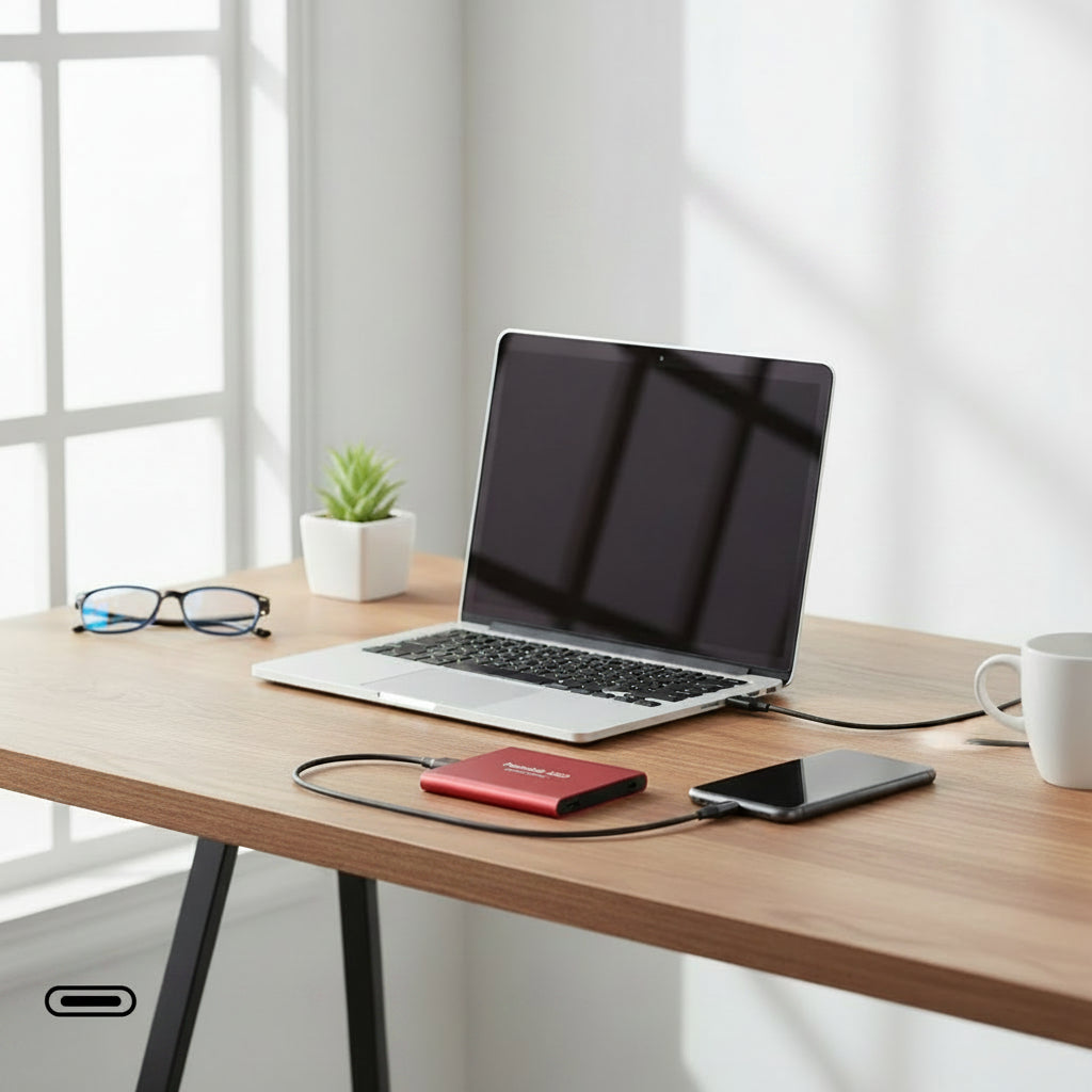 Bærbar ekstern SSD med USB-kabel til digital lagring