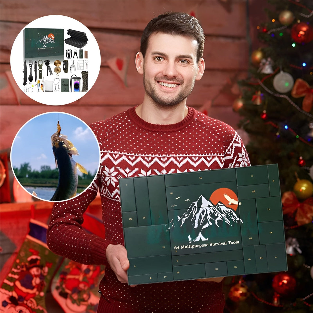 Grøn adventskalender med 24 nummererede låger og bjergmotiv