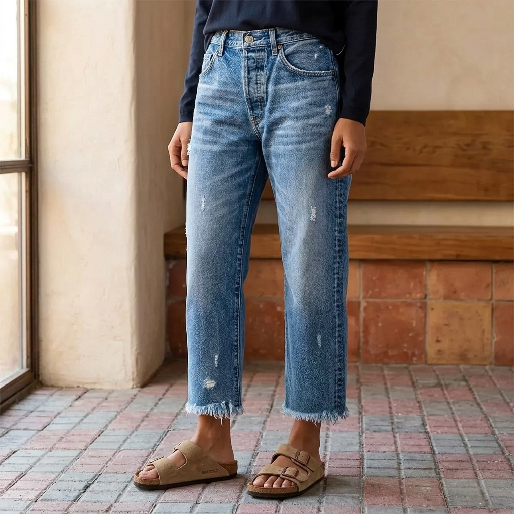 Damejeans med lige ben, høj talje, cropped længde og frynsekant