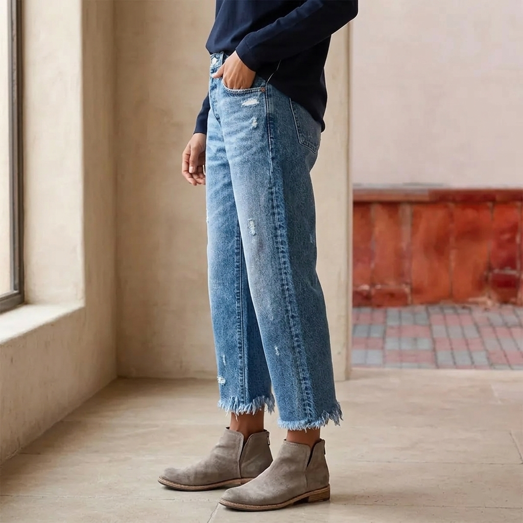 Damejeans med lige ben, høj talje, cropped længde og frynsekant