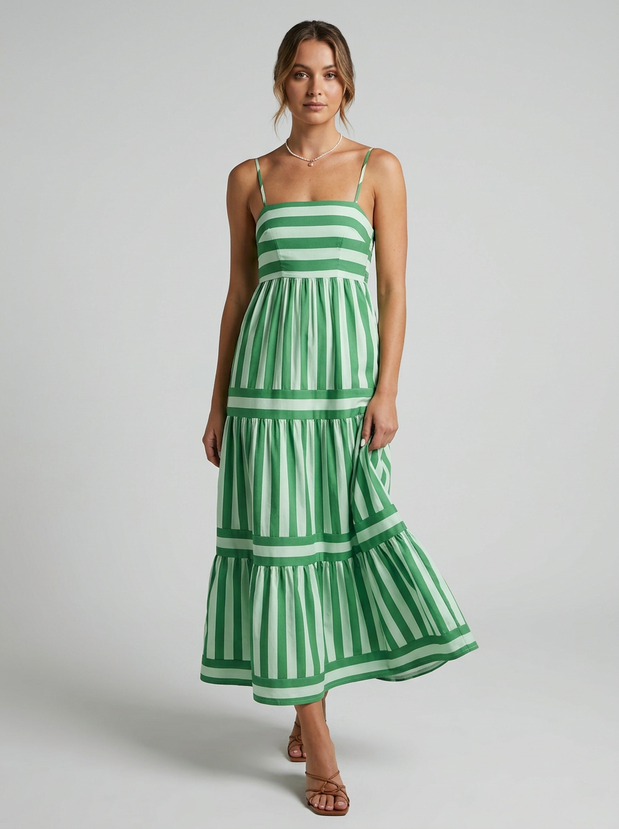 Summer Green Stripes Tiered Spaghetti Dress L Summer Green Stripes Tiered Spaghetti Dress L