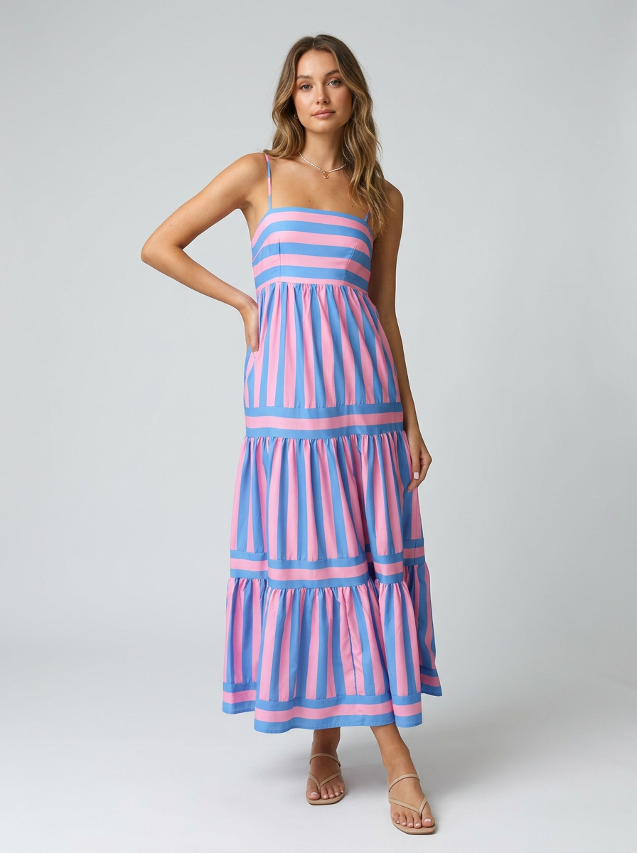 Summer Green Stripes Tiered Spaghetti Dress L