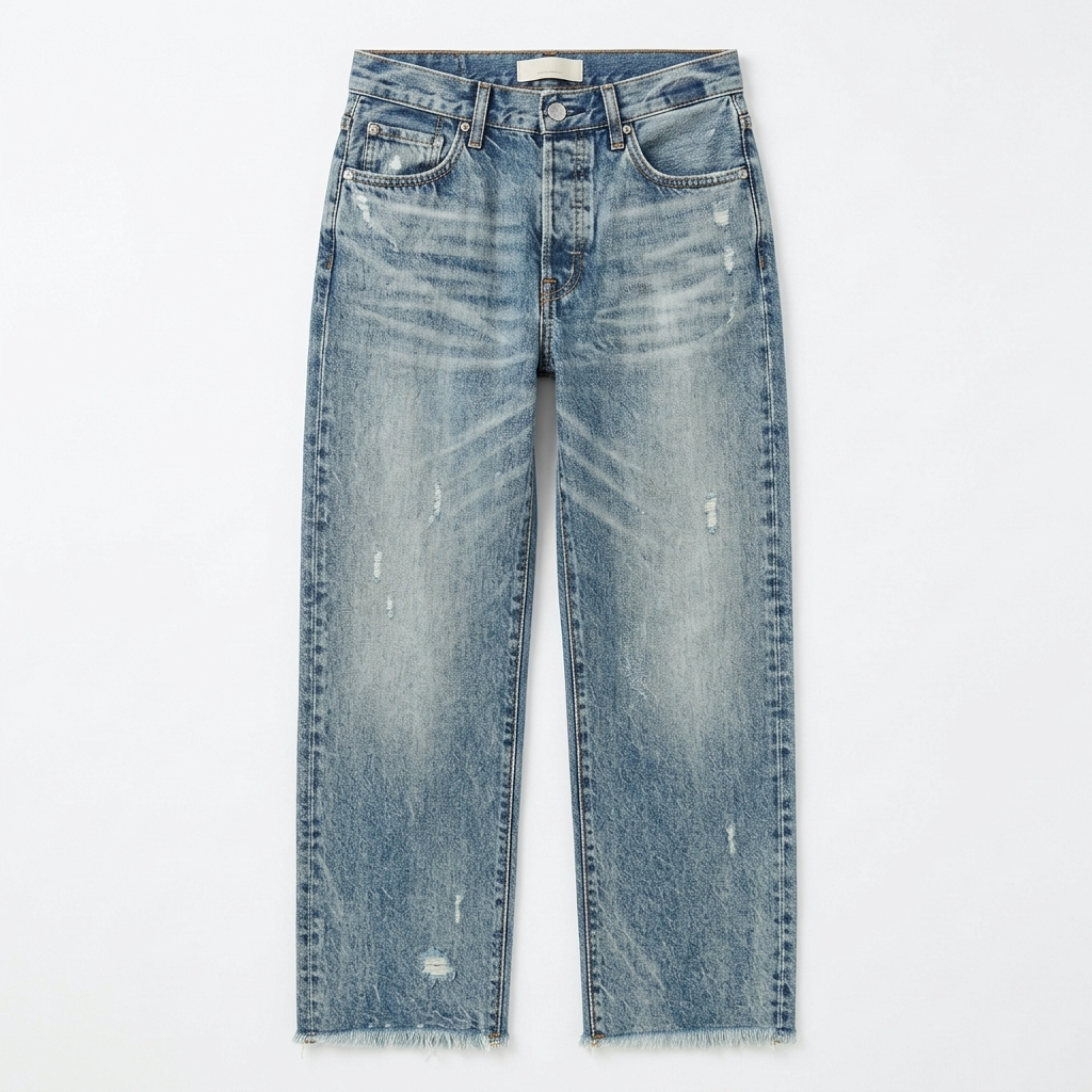 Damejeans med lige ben, høj talje, cropped længde og frynsekant