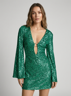 Zafira| Mini-robe à paillettes avec col en V profond et manches évasées