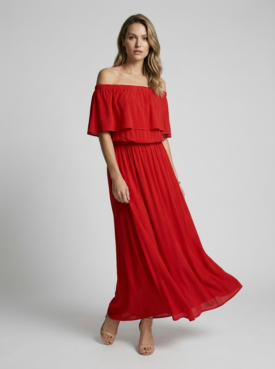Amarisa | Off-Shoulder Maxi Kjole Damer | Luftig Sommerkjole med Lige Skørt og Løstsiddende Overdel til Strand eller Middag