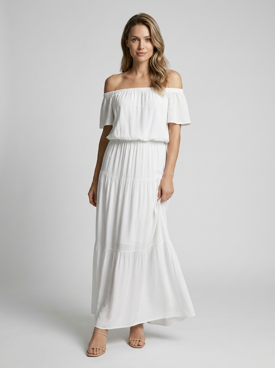 Amarisa | Off-Shoulder Maxi Kjole Damer | Luftig Sommerkjole med Lige Skørt og Løstsiddende Overdel til Strand eller Middag
