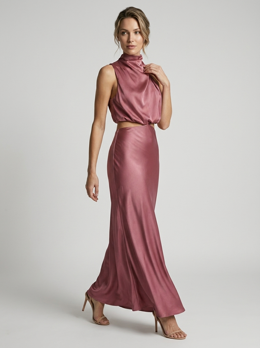 Selina | Satynowa sukienka maxi z wiązaniem na szyi i elegancką sylwetką