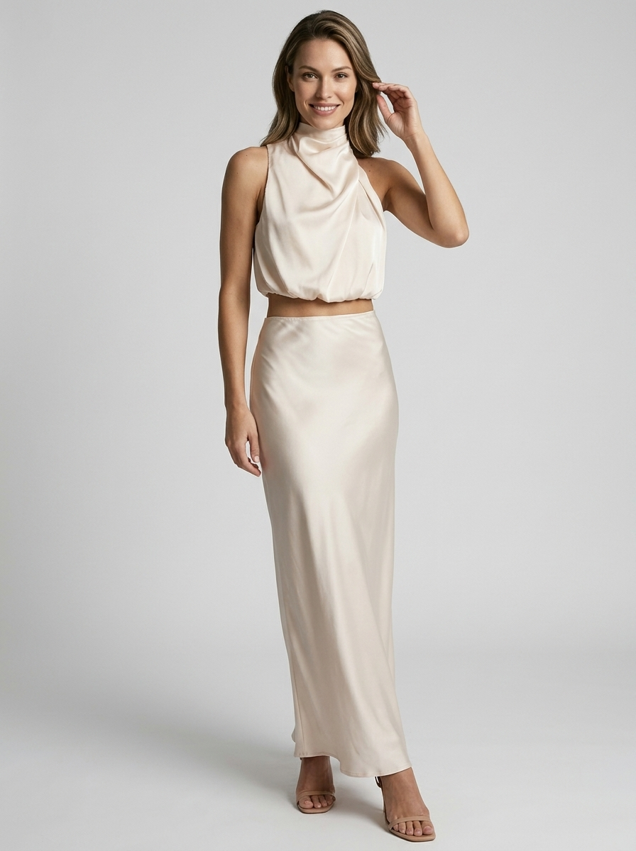 Selina | Satynowa sukienka maxi z wiązaniem na szyi i elegancką sylwetką