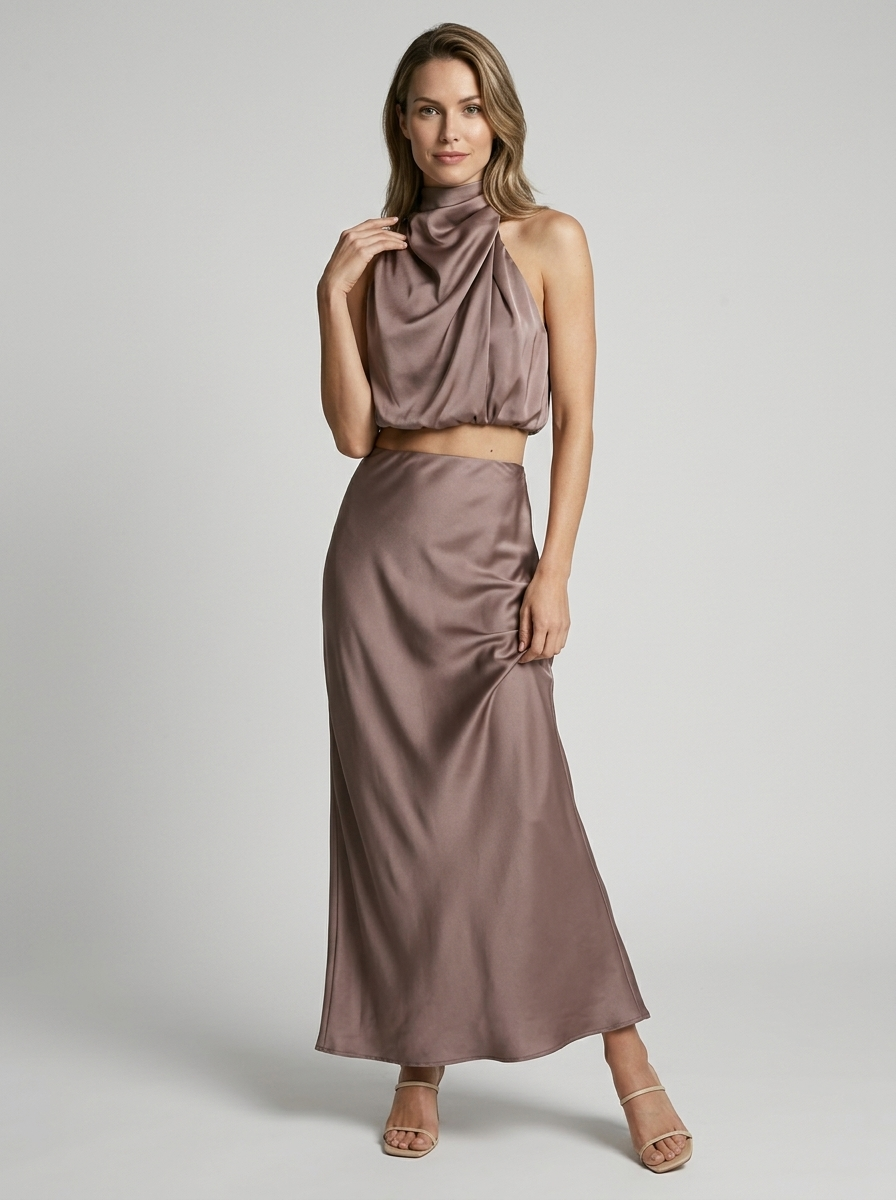 Selina | Satynowa sukienka maxi z wiązaniem na szyi i elegancką sylwetką