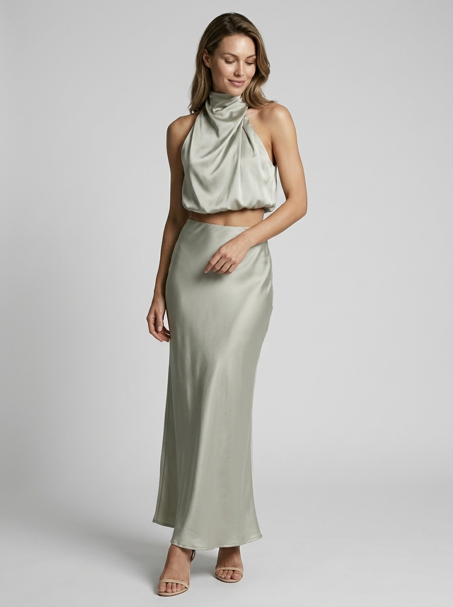 Selina | Satynowa sukienka maxi z wiązaniem na szyi i elegancką sylwetką