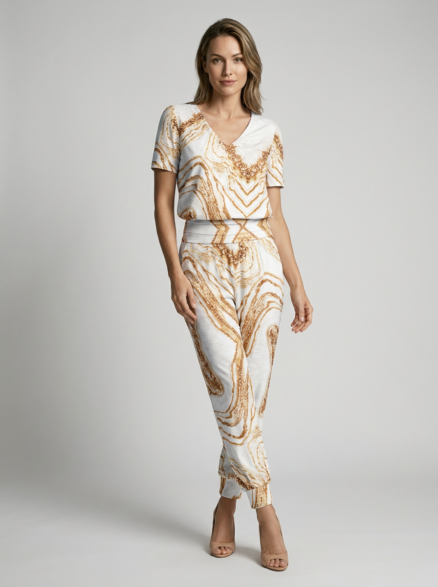 Tara | Ensemble deux pièces tendance pour femme avec motif géométrique, col en V et pantalon léger