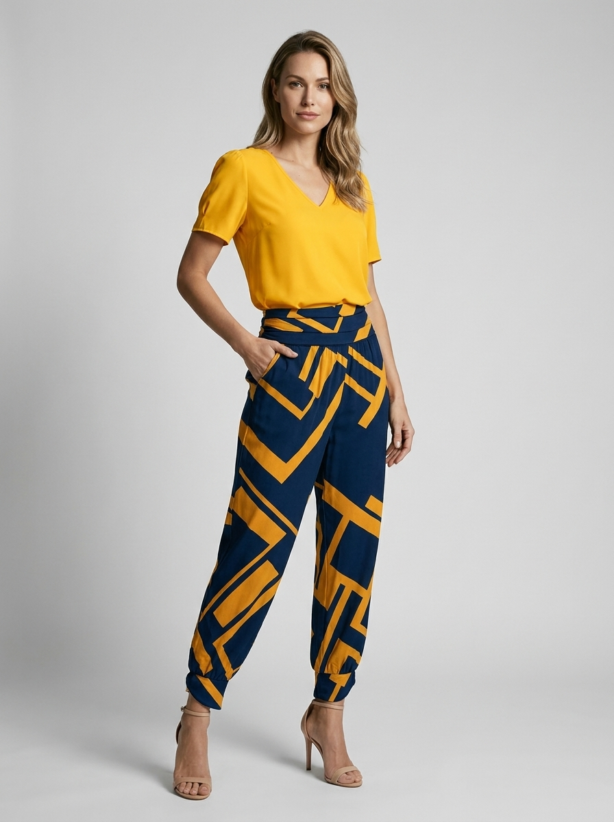 Tara | Ensemble deux pièces tendance pour femme avec motif géométrique, col en V et pantalon léger