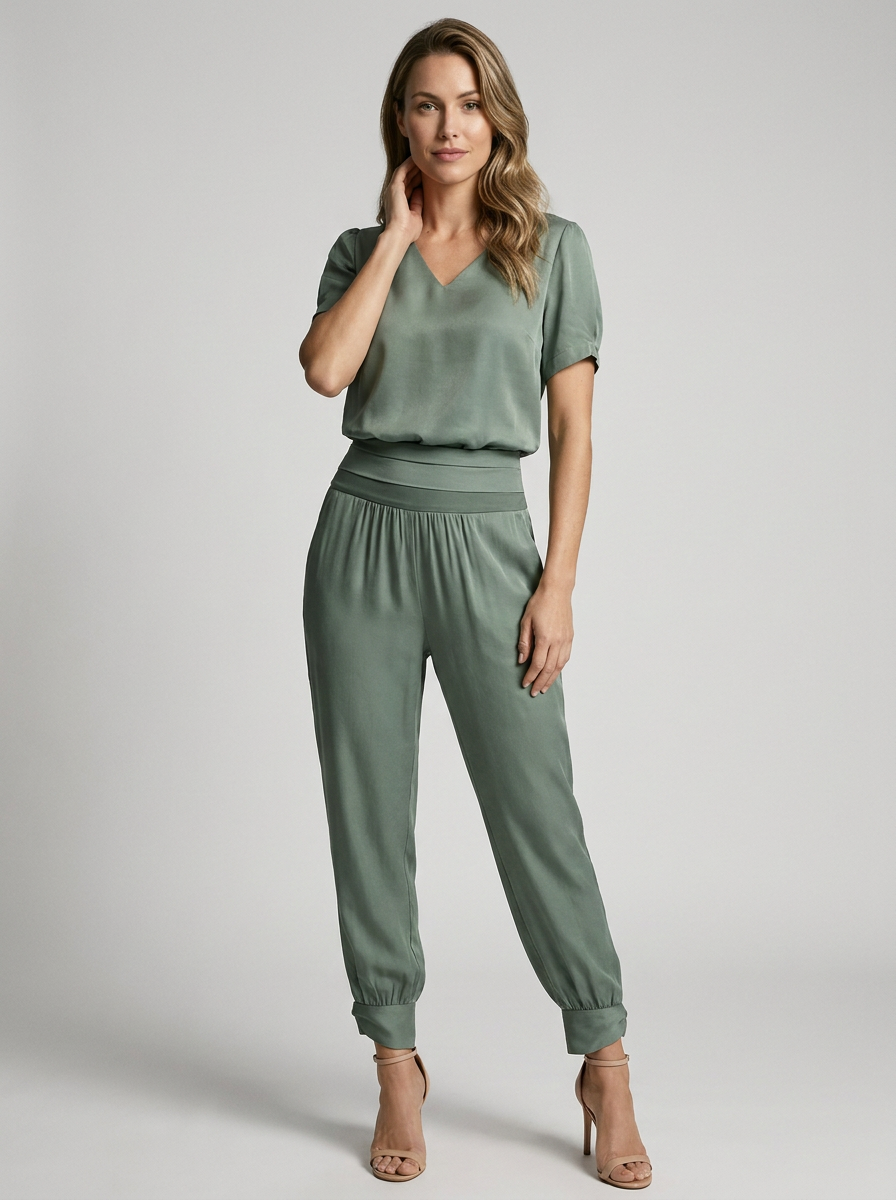 Tara | Ensemble deux pièces tendance pour femme avec motif géométrique, col en V et pantalon léger