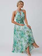 Julia | Plisseret Midikjole Med Halterneck Og Blomsterprint