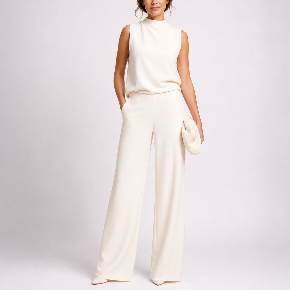 Ærmeløs jumpsuit med høj hals og brede ben